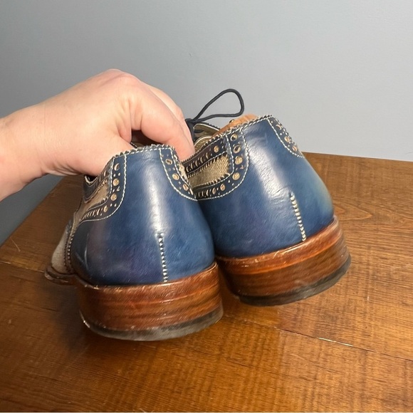Romano Martegani for Francos handmade brogue oxford blue leather cream linen 9.5 - Picture 7 of 15